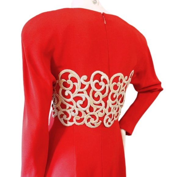 1980s Vintage Lipstick Red Fitted Cocktail Dress With Gold Trim & Shoulder Pads - Picture 5 of 9